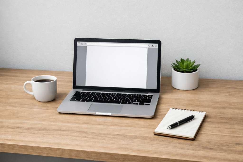 A picture of a computer and writing pad on a desk